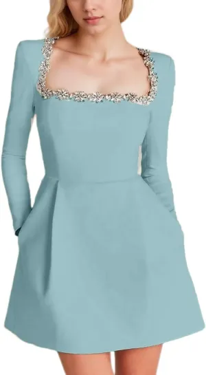Women's Short Long Sleeves Wedding Dresses for Bride Satin Square Collar Mini Bride Dress A Line Party Dress