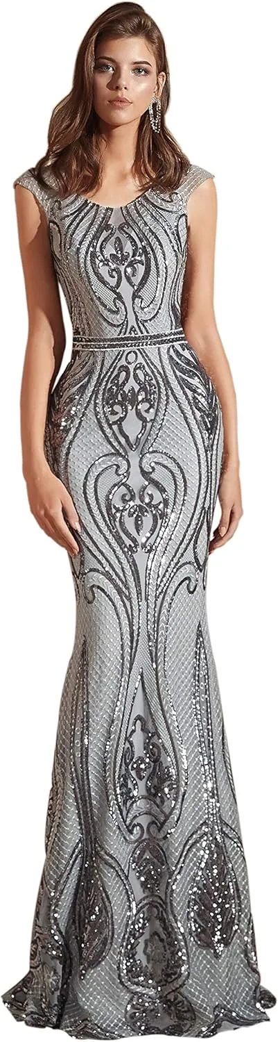 Women's Short Sleeves Sequins A-Line Formal Evening Dress