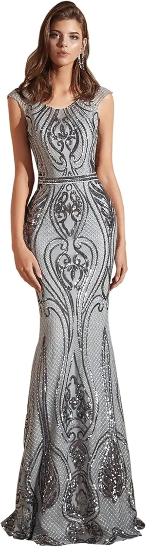 Women's Short Sleeves Sequins A-Line Formal Evening Dress