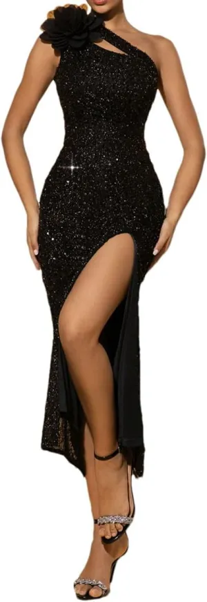 Women's Single-Shoulder Gown Sequin Party Dress with High Slit Flower Dresses