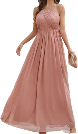 Women's Sleeveless O-Neck Ruffled Chiffon Bridesmaid Dress Evening Gown Party Prom Dresses