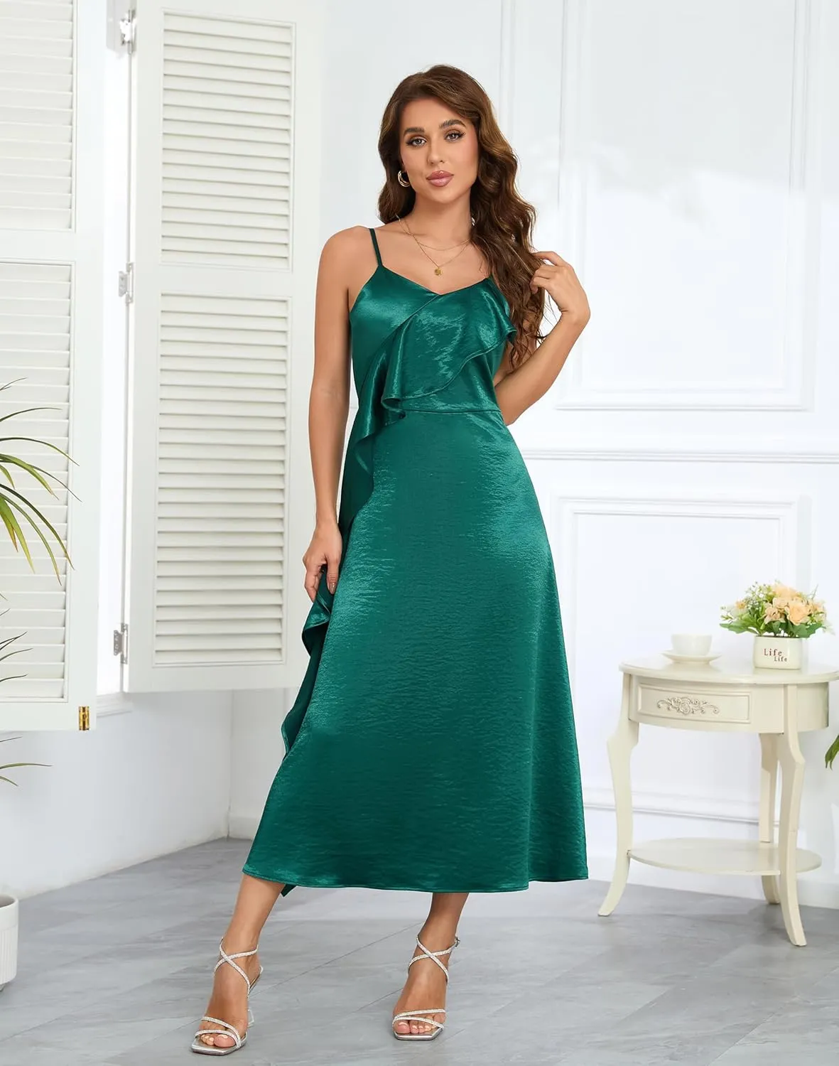 Women's Spaghetti Strap Midi Satin Silk Dresses Asymmetrical Ruffle A Line Sleeveless Party Cocktail Evening Formal Dress