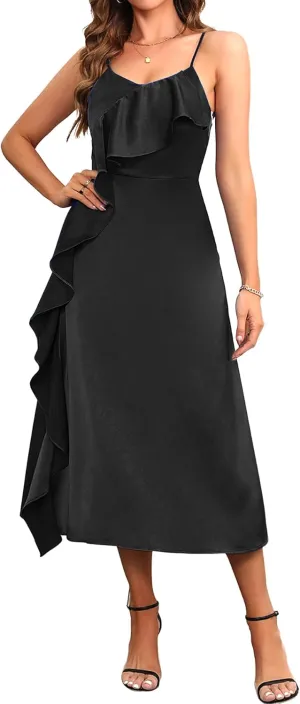 Women's Spaghetti Strap Midi Satin Silk Dresses Asymmetrical Ruffle A Line Sleeveless Party Cocktail Evening Formal Dress