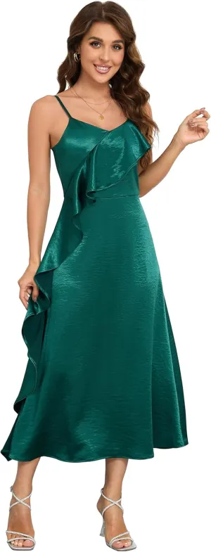 Women's Spaghetti Strap Midi Satin Silk Dresses Asymmetrical Ruffle A Line Sleeveless Party Cocktail Evening Formal Dress
