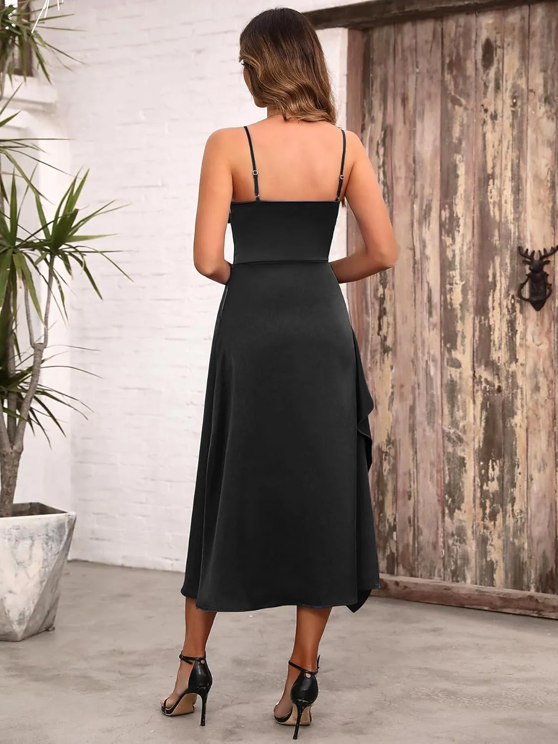 Women's Spaghetti Strap Midi Satin Silk Dresses Asymmetrical Ruffle A Line Sleeveless Party Cocktail Evening Formal Dress