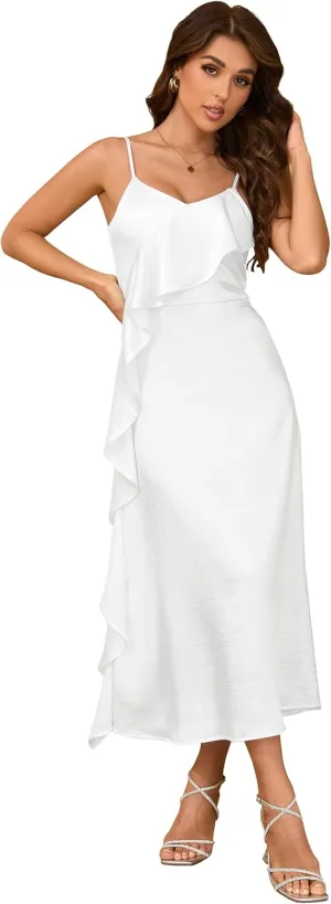 Women's Spaghetti Strap Midi Satin Silk Dresses Asymmetrical Ruffle A Line Sleeveless Party Cocktail Evening Formal Dress