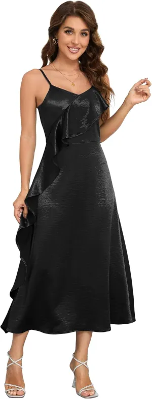Women's Spaghetti Strap Midi Satin Silk Dresses Asymmetrical Ruffle A Line Sleeveless Party Cocktail Evening Formal Dress