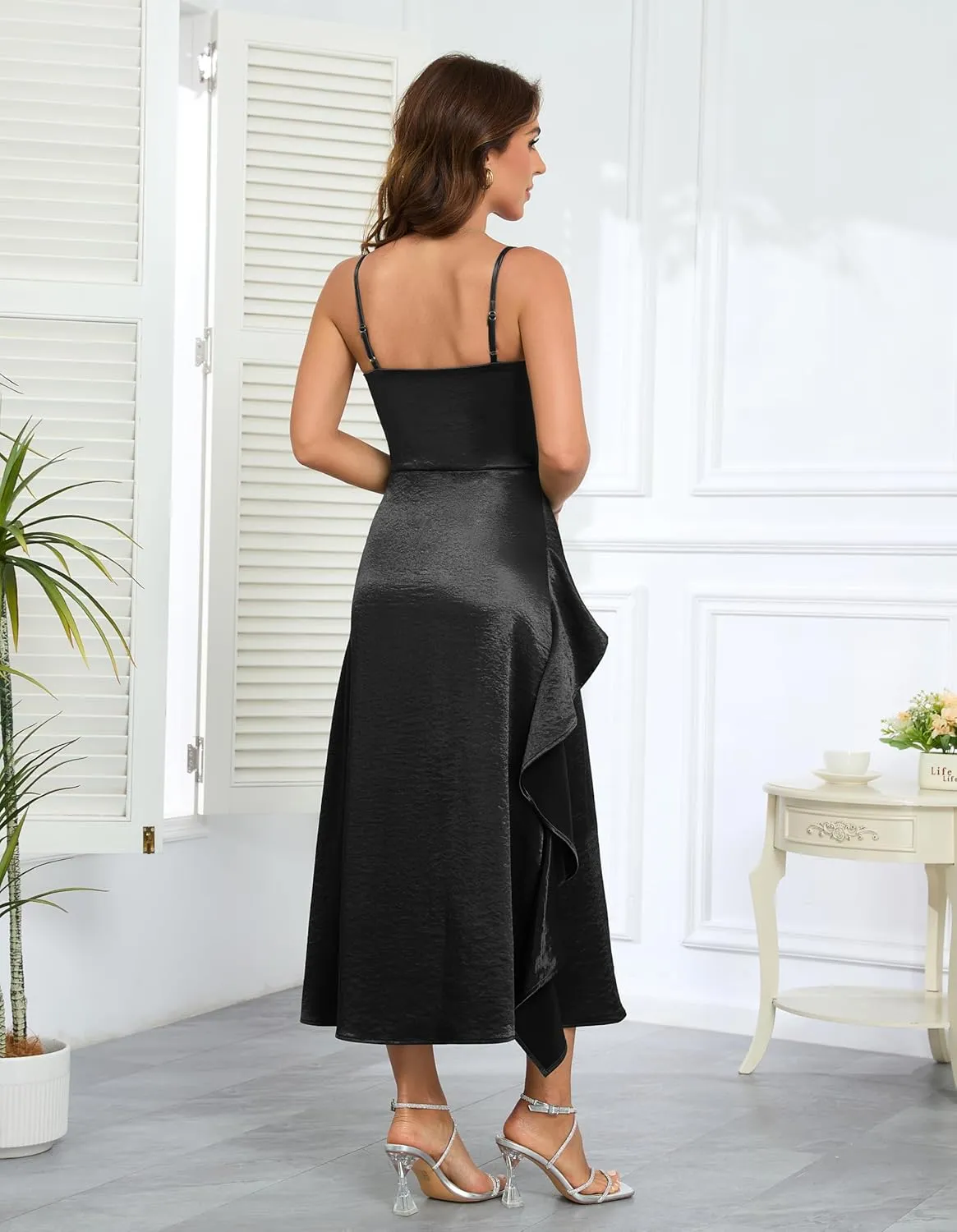 Women's Spaghetti Strap Midi Satin Silk Dresses Asymmetrical Ruffle A Line Sleeveless Party Cocktail Evening Formal Dress