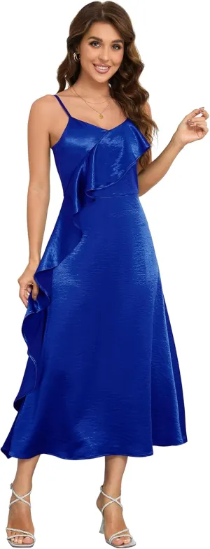 Women's Spaghetti Strap Midi Satin Silk Dresses Asymmetrical Ruffle A Line Sleeveless Party Cocktail Evening Formal Dress