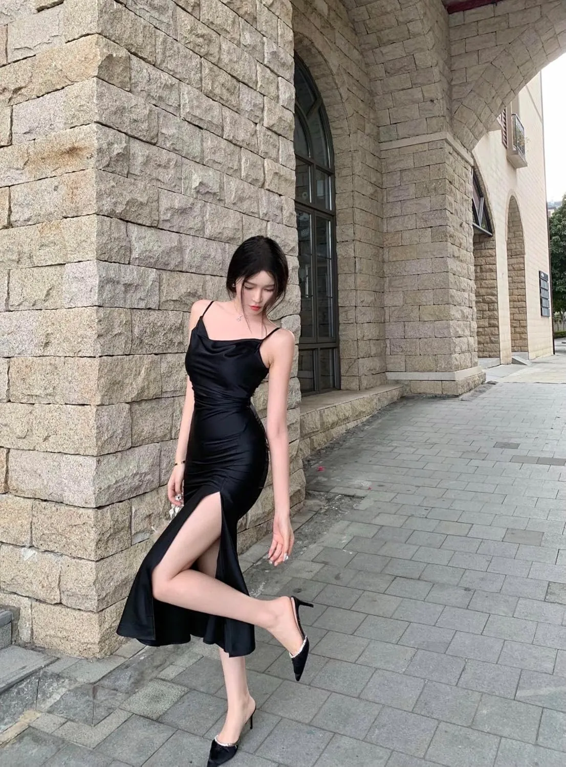 Women's Spaghetti Strap Midi Satin Silk Dresses Slip Cowl Neck Party Cocktail Evening Wedding Guests Dress