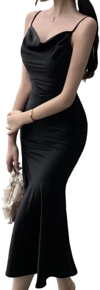 Women's Spaghetti Strap Midi Satin Silk Dresses Slip Cowl Neck Party Cocktail Evening Wedding Guests Dress