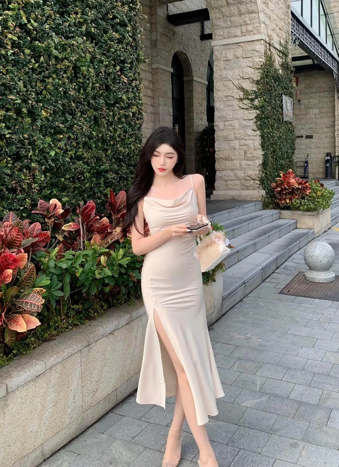 Women's Spaghetti Strap Midi Satin Silk Dresses Slip Cowl Neck Party Cocktail Evening Wedding Guests Dress