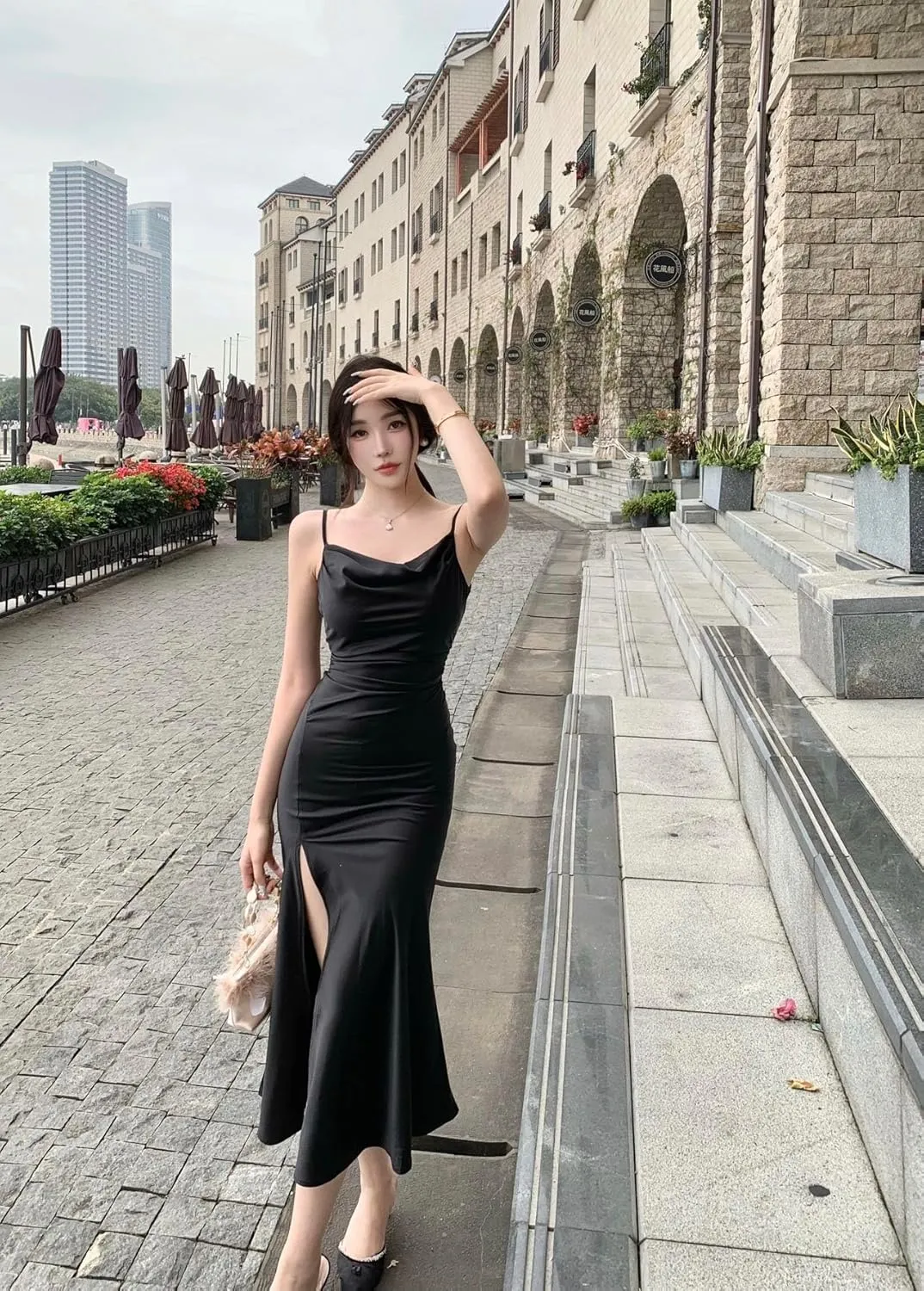 Women's Spaghetti Strap Midi Satin Silk Dresses Slip Cowl Neck Party Cocktail Evening Wedding Guests Dress