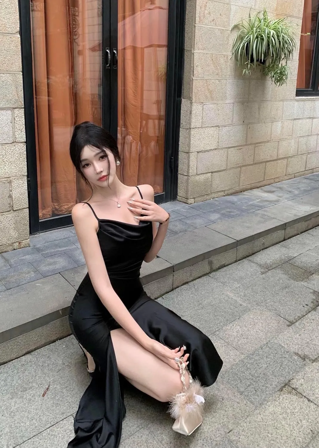 Women's Spaghetti Strap Midi Satin Silk Dresses Slip Cowl Neck Party Cocktail Evening Wedding Guests Dress