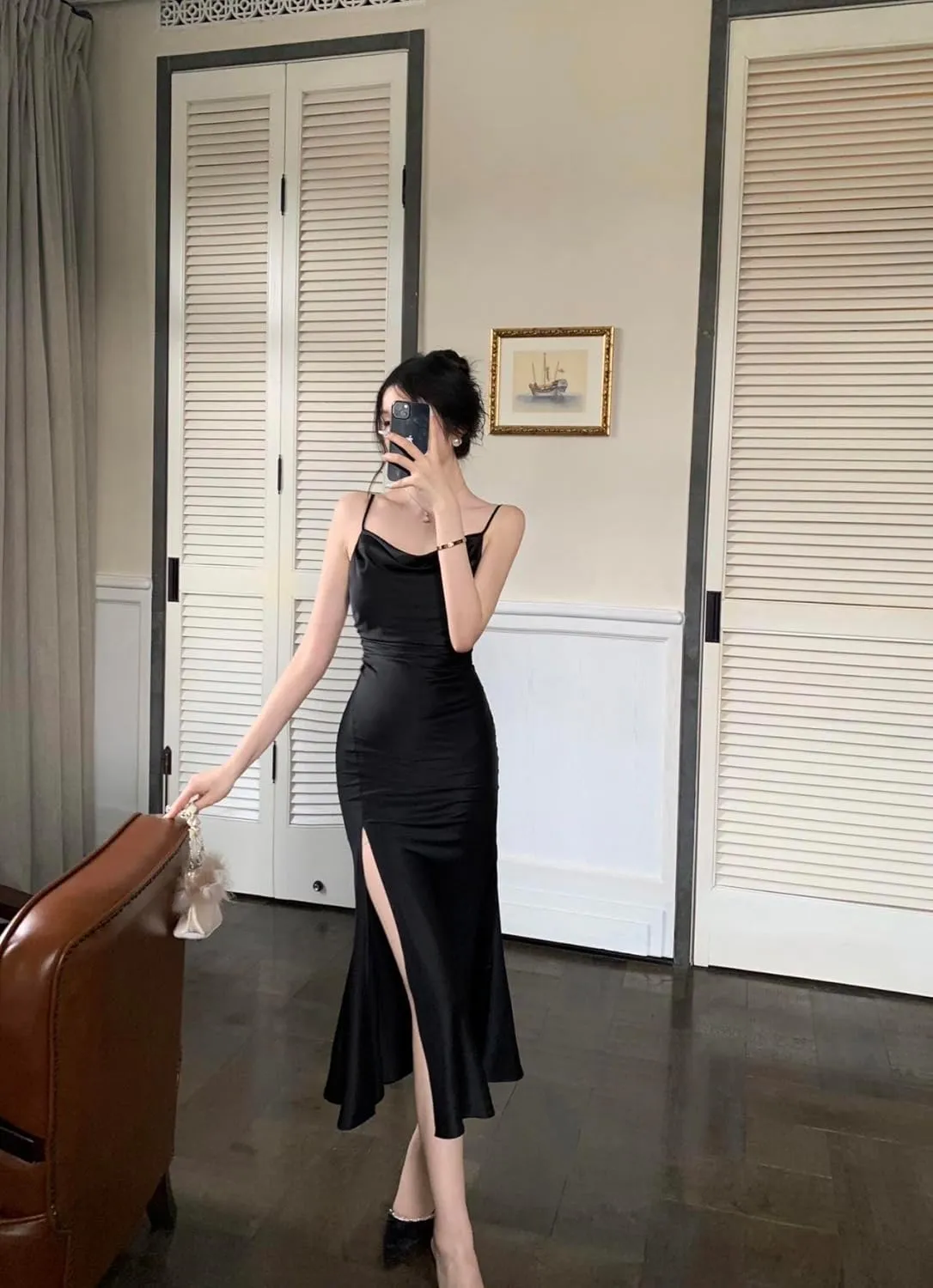 Women's Spaghetti Strap Midi Satin Silk Dresses Slip Cowl Neck Party Cocktail Evening Wedding Guests Dress