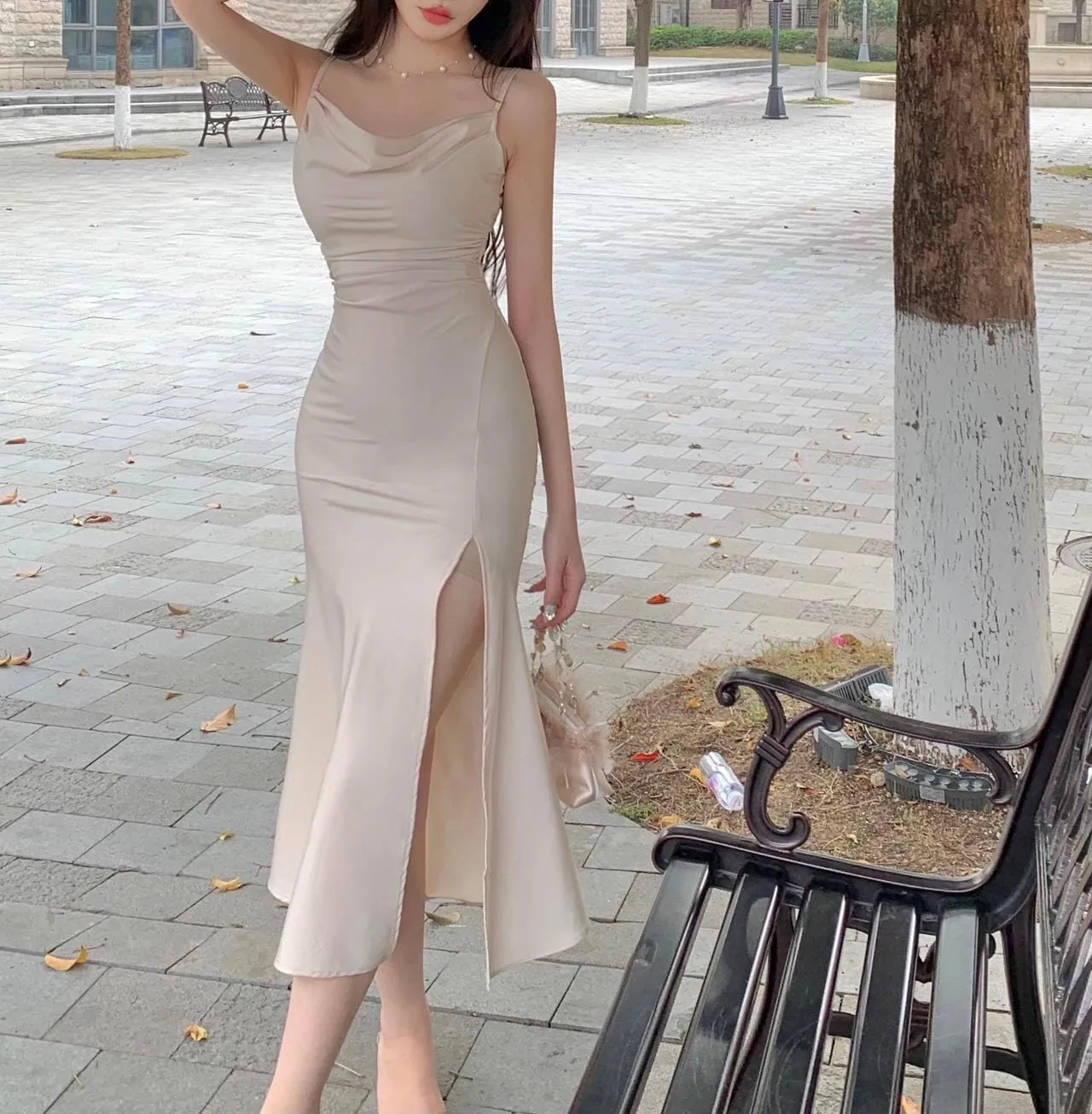 Women's Spaghetti Strap Midi Satin Silk Dresses Slip Cowl Neck Party Cocktail Evening Wedding Guests Dress