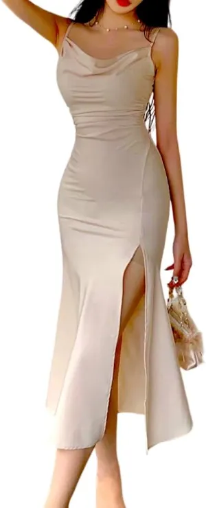 Women's Spaghetti Strap Midi Satin Silk Dresses Slip Cowl Neck Party Cocktail Evening Wedding Guests Dress