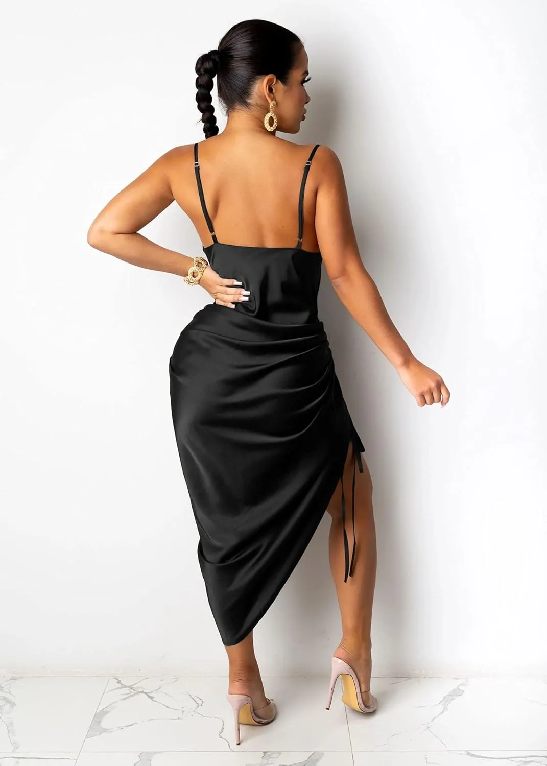 Women's Spaghetti Strap Satin Dress Sexy Backless Drawstring Ruched Split Hem Cocktail Evening Party