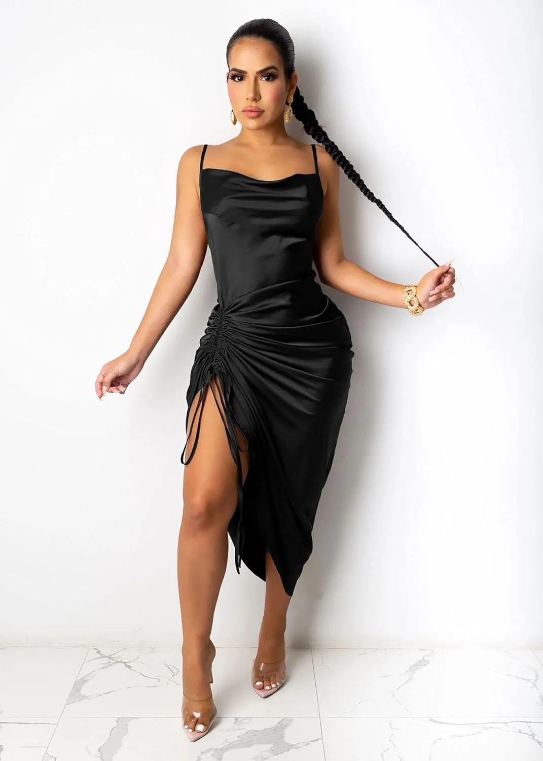 Women's Spaghetti Strap Satin Dress Sexy Backless Drawstring Ruched Split Hem Cocktail Evening Party