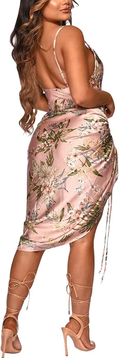 Women's Spaghetti Strap Satin Dress Sexy Backless Drawstring Ruched Split Hem Cocktail Evening Party