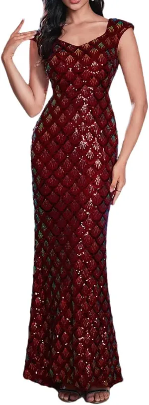 Women's Square Neck Sleeveless Shiny Sequin Bodycon Party Dress Evening Gown