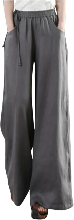 Womens Straight-Leg Pull-on Pants Cotton Linen Trousers Palazzo Lounge Pants Slacks Summer Casual Comfy Loose Pants