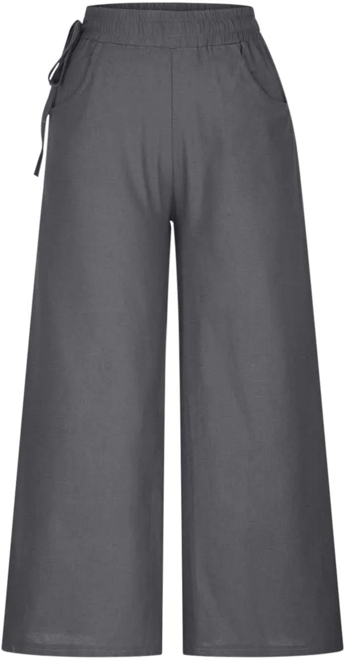Womens Straight-Leg Pull-on Pants Cotton Linen Trousers Palazzo Lounge Pants Slacks Summer Casual Comfy Loose Pants