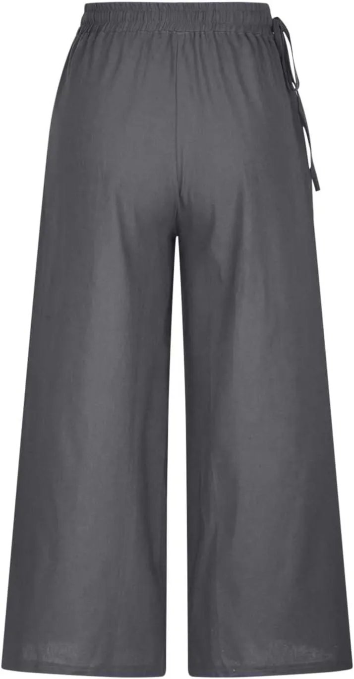 Womens Straight-Leg Pull-on Pants Cotton Linen Trousers Palazzo Lounge Pants Slacks Summer Casual Comfy Loose Pants