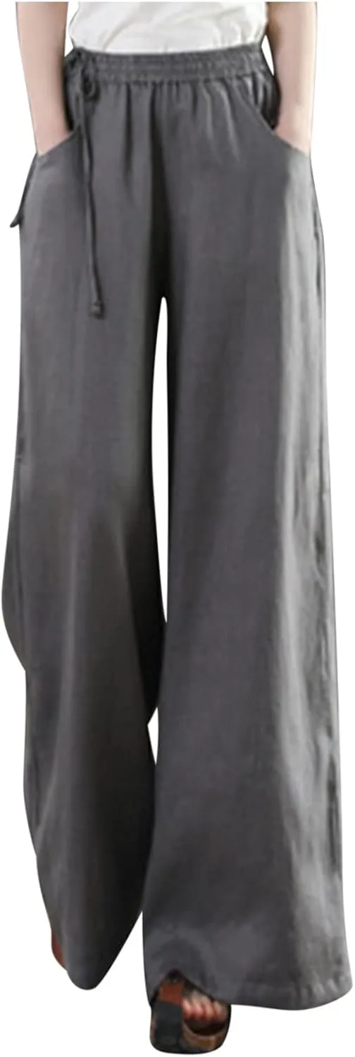 Womens Straight-Leg Pull-on Pants Cotton Linen Trousers Palazzo Lounge Pants Slacks Summer Casual Comfy Loose Pants