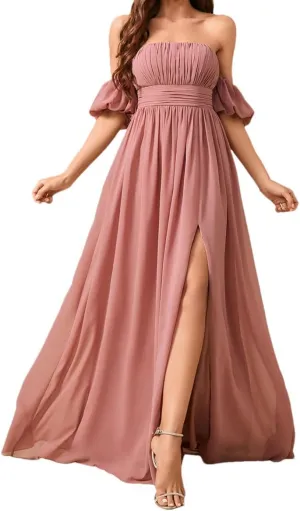 Women's Strapless Lantern Sleeve Dress Ruched High Slit Chiffon Formal Bridesmaid Dresses