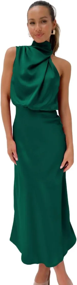 Women's Summer Country Vacation Dress Wedding Guest Mock Neck Sundress Semi Formal Sleeveless Midi Dress