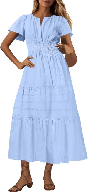 Women's Summer Dresses Short Sleeve V Neck Maxi Dress Casual Smocked Elastic Waist Flowy Swing Long Dresses