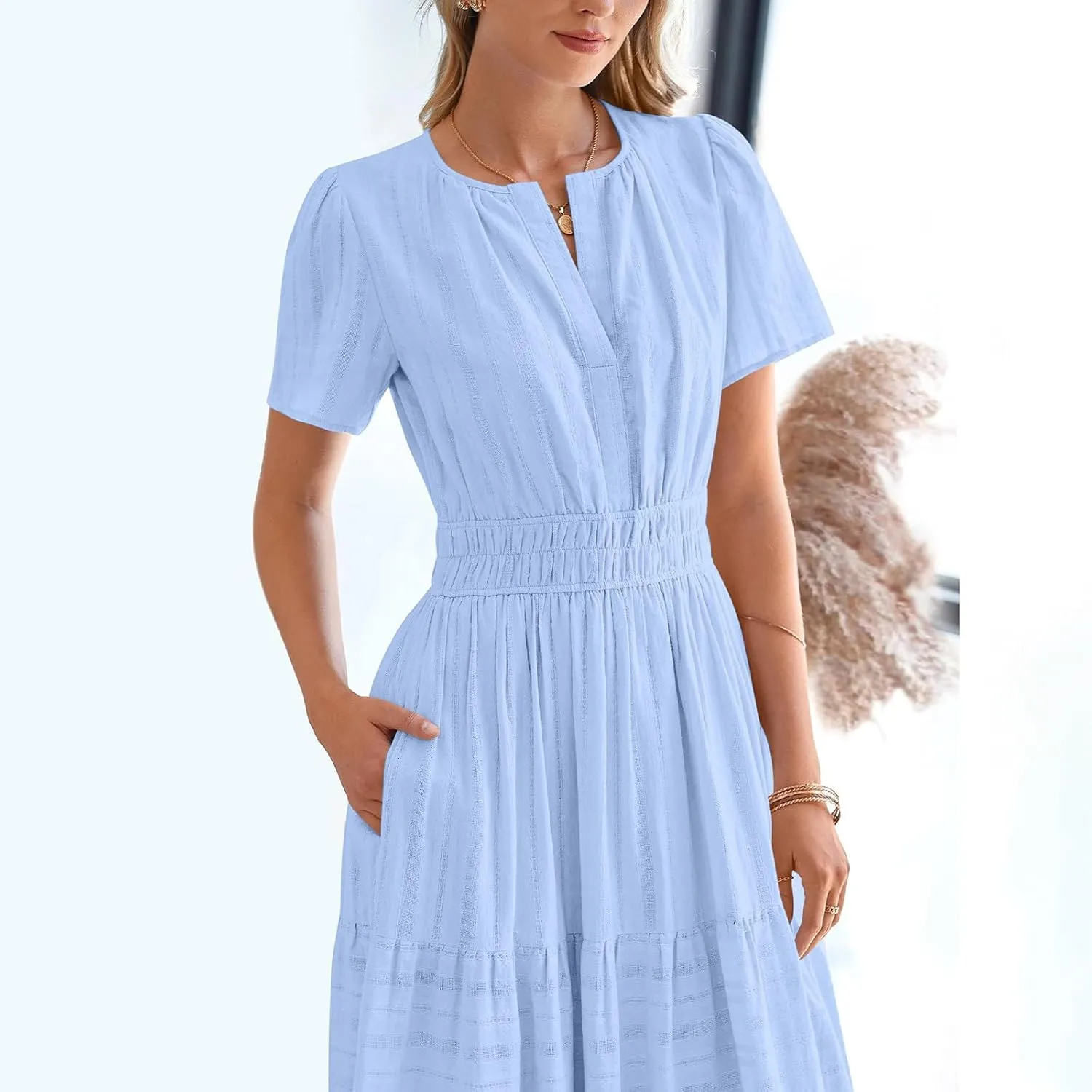 Women's Summer Dresses Short Sleeve V Neck Maxi Dress Casual Smocked Elastic Waist Flowy Swing Long Dresses