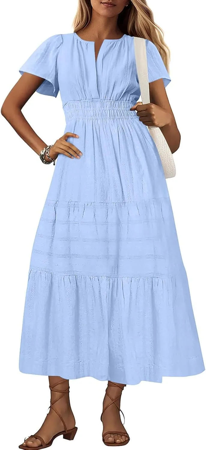 Women's Summer Dresses Short Sleeve V Neck Maxi Dress Casual Smocked Elastic Waist Flowy Swing Long Dresses