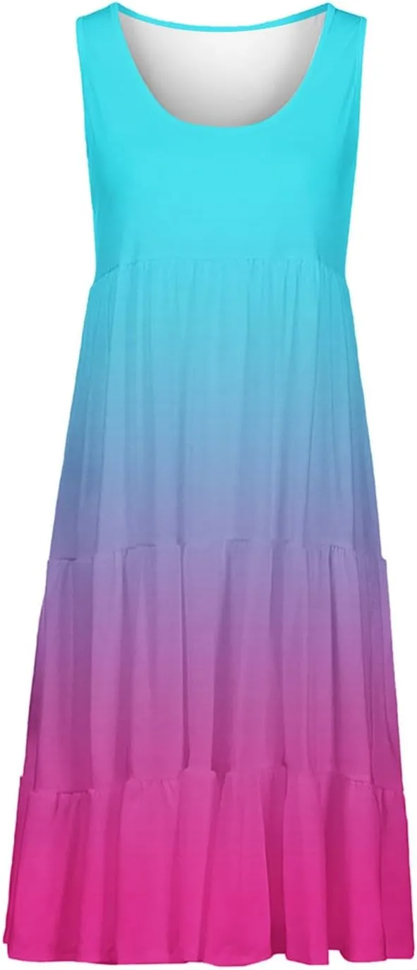 Women's Summer Elegant Dress Sleeveless Round Neck Fashion Skirts Pleated Comfy Gradient Color Dresses Walking
