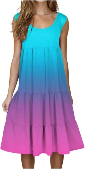 Women's Summer Elegant Dress Sleeveless Round Neck Fashion Skirts Pleated Comfy Gradient Color Dresses Walking