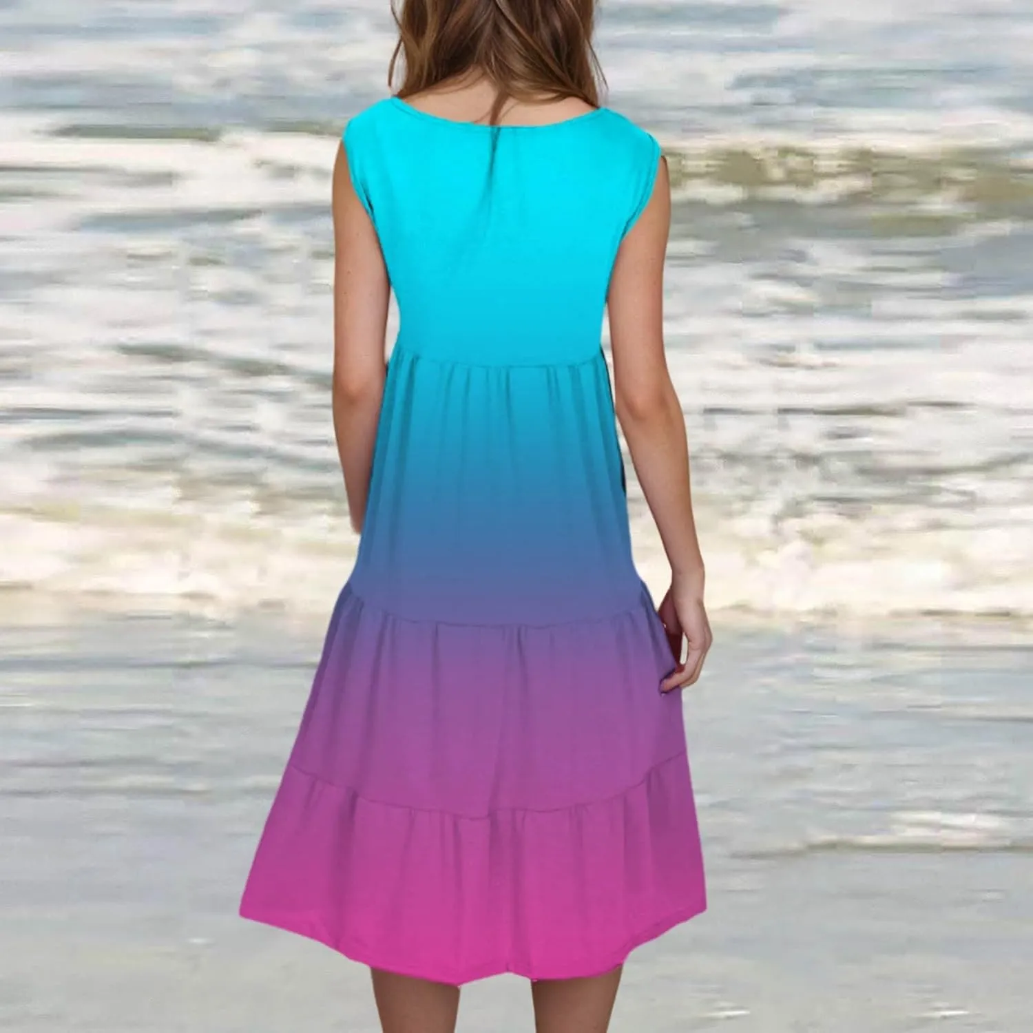 Women's Summer Elegant Dress Sleeveless Round Neck Fashion Skirts Pleated Comfy Gradient Color Dresses Walking