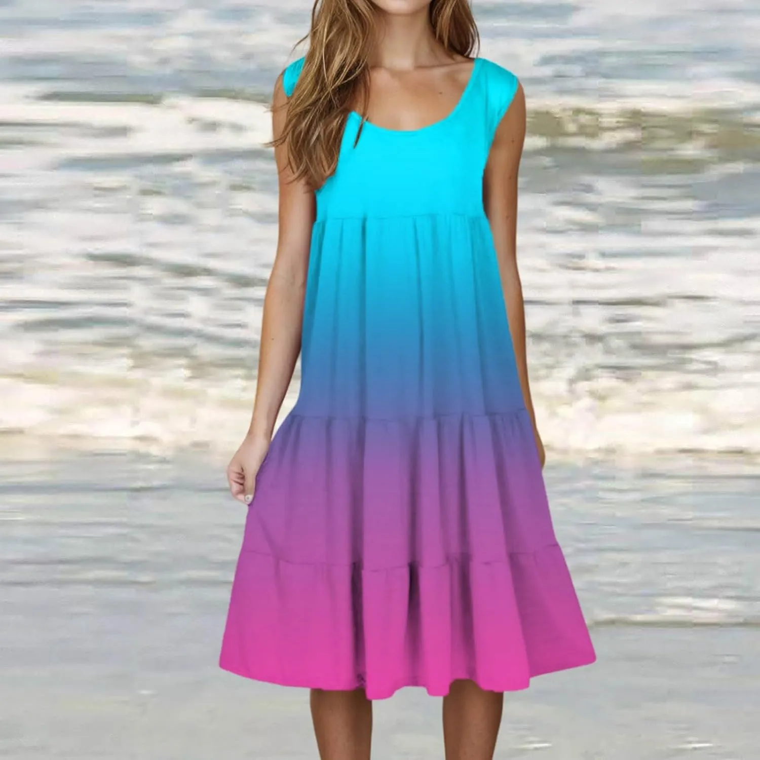 Women's Summer Elegant Dress Sleeveless Round Neck Fashion Skirts Pleated Comfy Gradient Color Dresses Walking