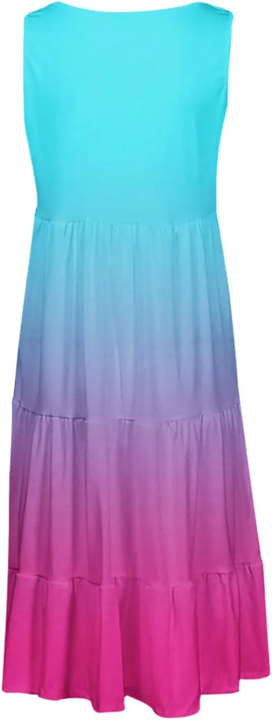 Women's Summer Elegant Dress Sleeveless Round Neck Fashion Skirts Pleated Comfy Gradient Color Dresses Walking