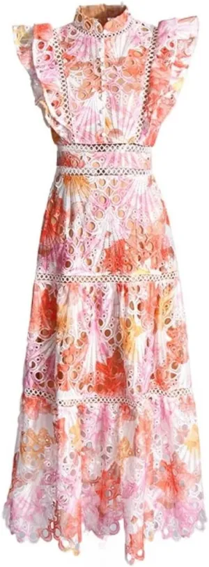 Women's Summer Elegant Long Standing Collar Lace Sleeveless Hollow Out Dresses