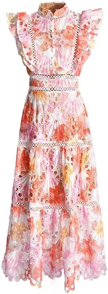 Women's Summer Elegant Long Standing Collar Lace Sleeveless Hollow Out Dresses