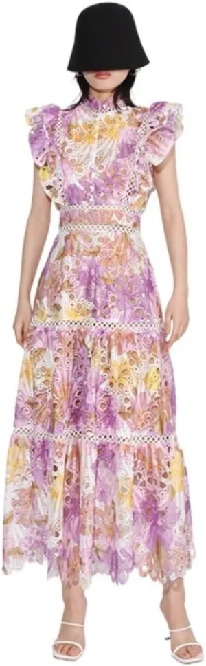 Women's Summer Elegant Long Standing Collar Lace Sleeveless Hollow Out Dresses