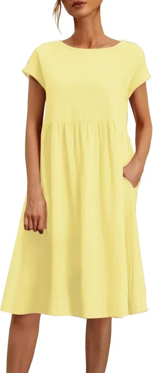 Womens Summer Midi Dresses 2025 Casual Short Sleeve A-Line Sundresses Cotton Linen Solid Color Dresses with Pockets