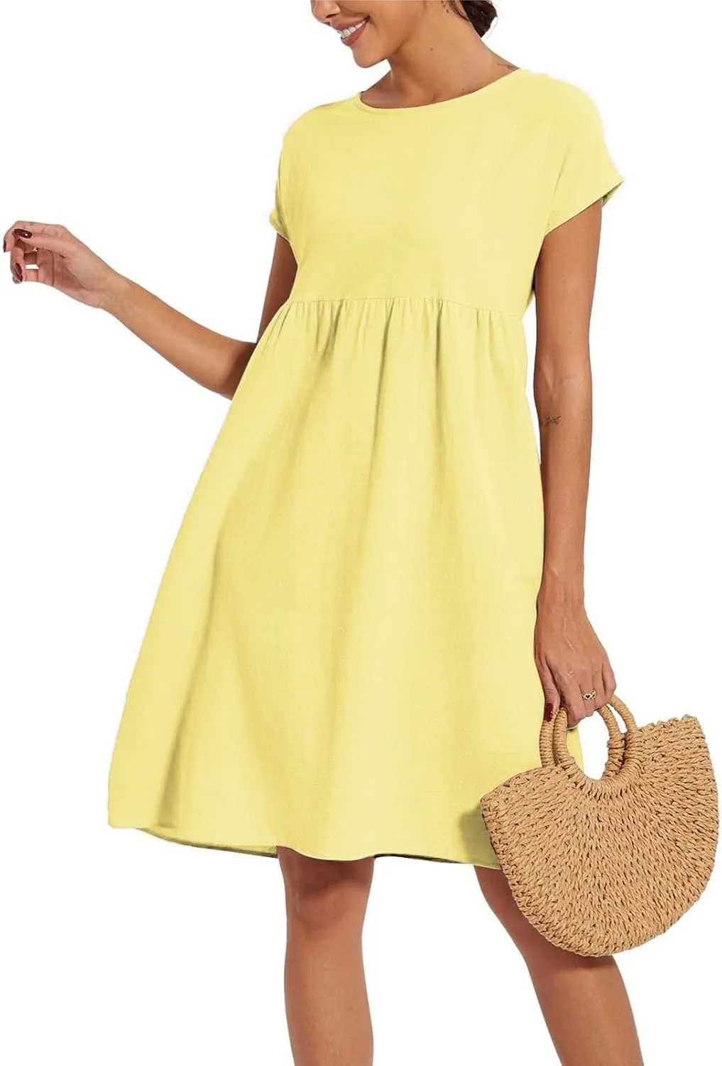Womens Summer Midi Dresses 2025 Casual Short Sleeve A-Line Sundresses Cotton Linen Solid Color Dresses with Pockets
