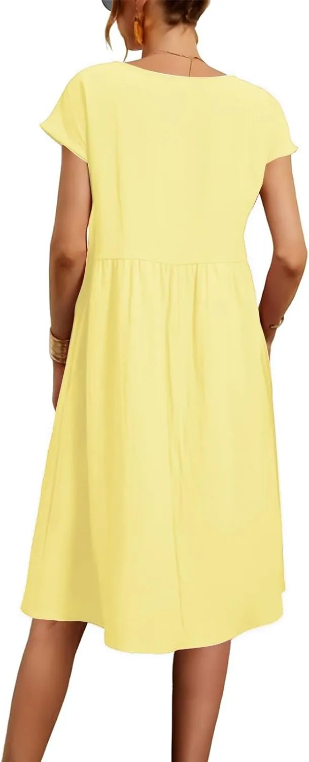 Womens Summer Midi Dresses 2025 Casual Short Sleeve A-Line Sundresses Cotton Linen Solid Color Dresses with Pockets