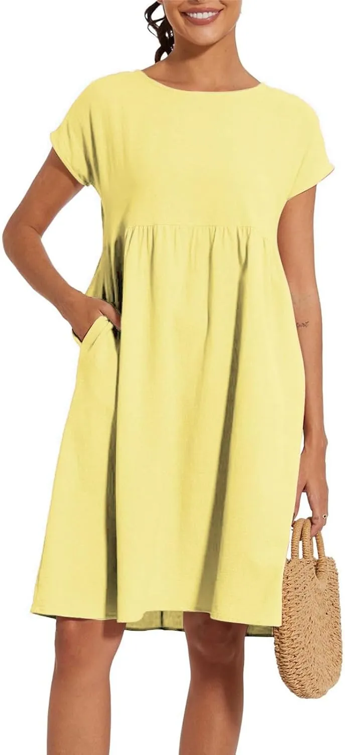 Womens Summer Midi Dresses 2025 Casual Short Sleeve A-Line Sundresses Cotton Linen Solid Color Dresses with Pockets