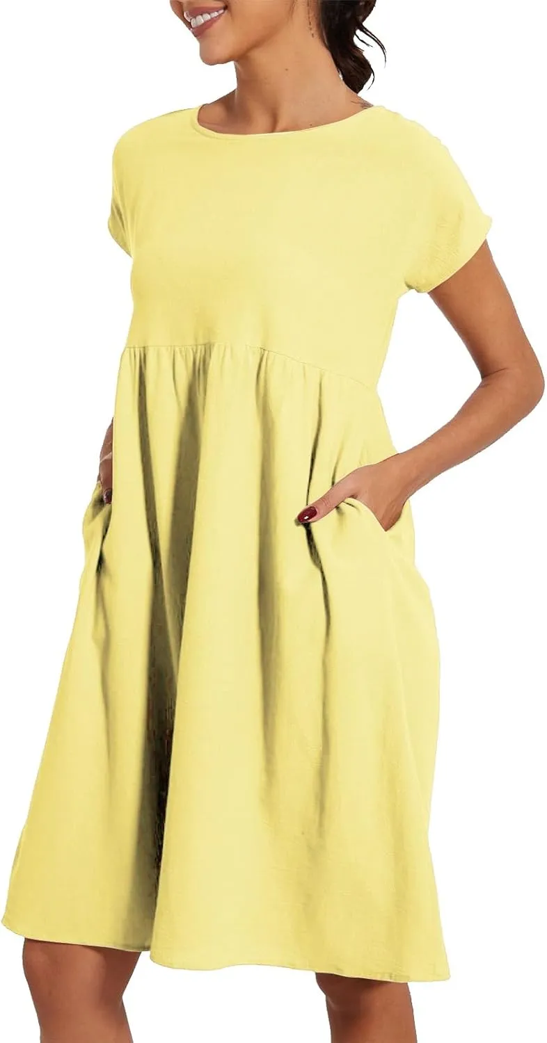 Womens Summer Midi Dresses 2025 Casual Short Sleeve A-Line Sundresses Cotton Linen Solid Color Dresses with Pockets