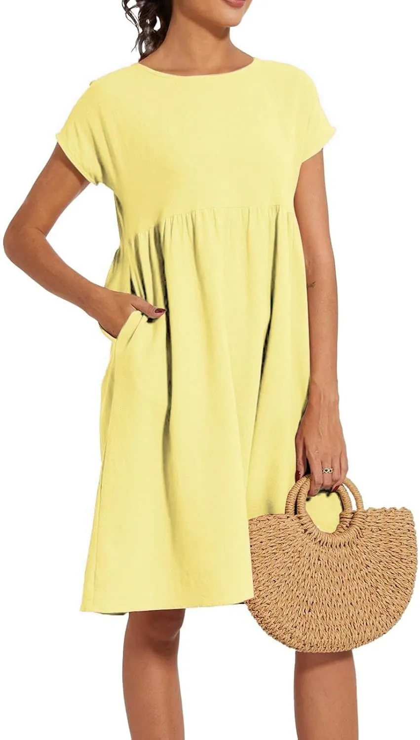 Womens Summer Midi Dresses 2025 Casual Short Sleeve A-Line Sundresses Cotton Linen Solid Color Dresses with Pockets