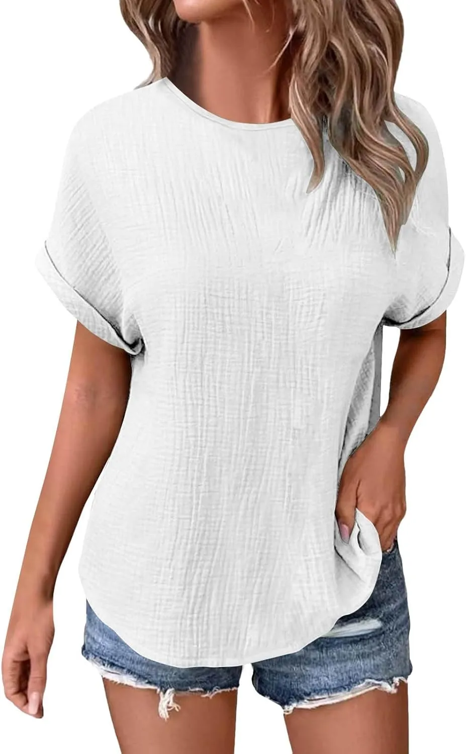 Womens Summer Tops Short Sleeve T-Shirts Business Casual 2025 Waffle Blouses Loose Fit Outfits with Chest Pocket