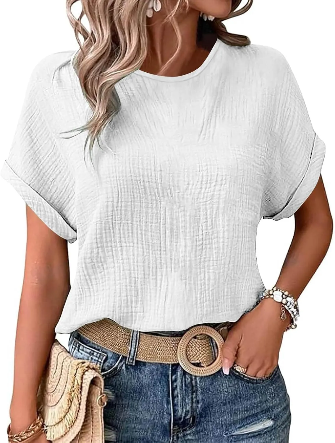 Womens Summer Tops Short Sleeve T-Shirts Business Casual 2025 Waffle Blouses Loose Fit Outfits with Chest Pocket